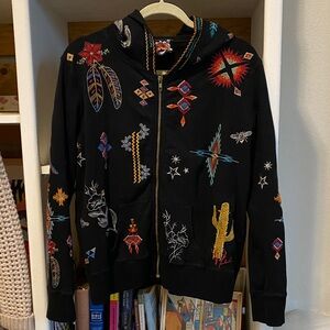 Johnny Was Black Hoodie with Colorful Embroidery